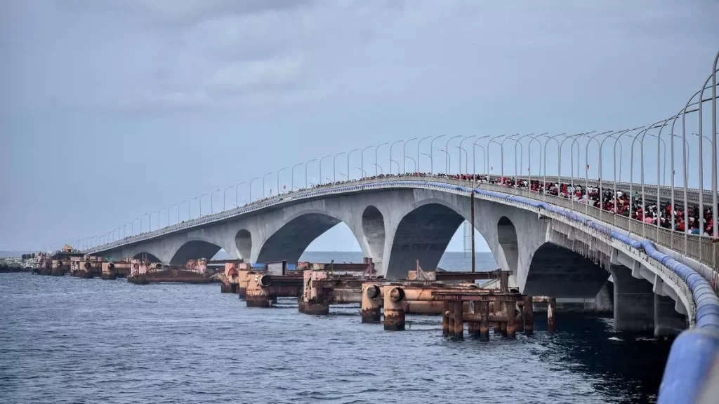 The Sinamale bridge in the Maldives capital, Male, was built with significant funding from China. | Photo Credit: AFP