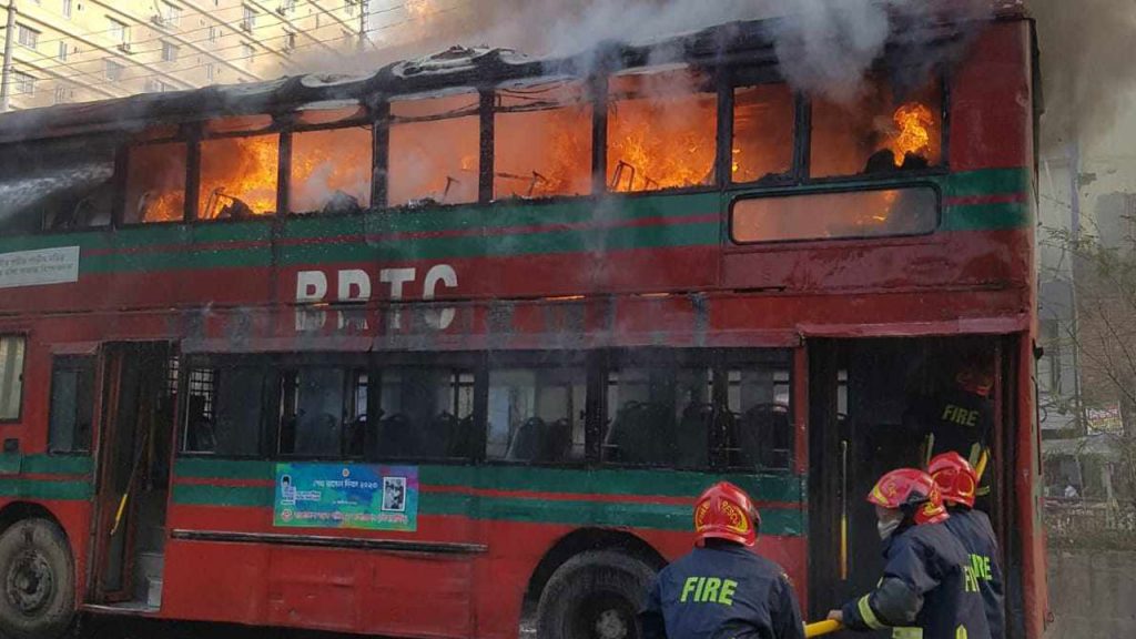 Miscreants set fire to a BRTC bus in Mirpur-10 area of the capital.