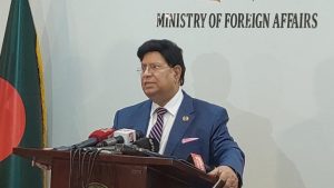 A file photo of Foreign Minister AK Abdul Momen speaking to reporters at the Ministry of Foreign Affairs. Photo: UNB