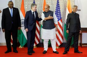 US Secretary of State Antony Blinken, Defense Secretary Lloyd Austin, India's Foreign Minister Subrahmanyam Jaishankar and Defense Minister Rajnath Singh leave after participating in a family photo as part of the so-called "2+2 Dialogue" at the Ministry of Foreign Affairs' Sushma Swaraj Bhavan (SSB) in New Delhi, India, November 10, 2023. REUTERS/Jonathan Ernst/Pool