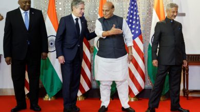 US Secretary of State Antony Blinken, Defense Secretary Lloyd Austin, India's Foreign Minister Subrahmanyam Jaishankar and Defense Minister Rajnath Singh leave after participating in a family photo as part of the so-called "2+2 Dialogue" at the Ministry of Foreign Affairs' Sushma Swaraj Bhavan (SSB) in New Delhi, India, November 10, 2023. REUTERS/Jonathan Ernst/Pool