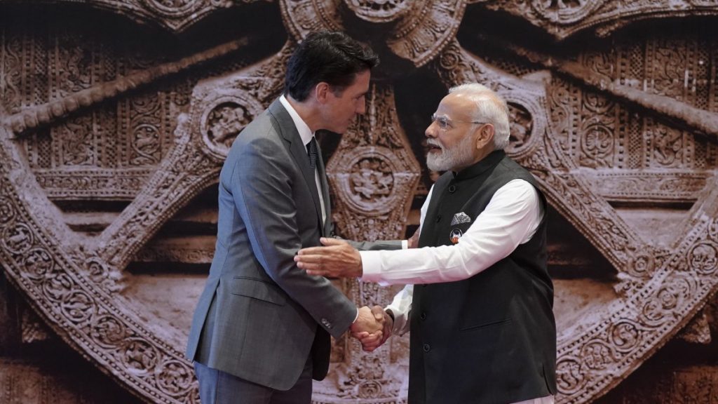Indian Prime Minister Narendra Modi welcomes Canada Prime Minister Justin Trudeau upon his arrival at Bharat Mandapam convention center for the G20 Summit, in New Delhi, India, Saturday, Sept. 9, 2023.