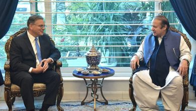 US Ambassador to Pakistan Donald Blome (left) and PML-N supremo Nawaz Sharif. — X/@pmln_org