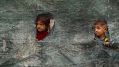 Children from an Afghan family look outside from a torn tent as they along with their family are returning home, after Pakistan gives the last warning to undocumented immigrants to leave, outside the United Nations High Commissioner for Refugees (UNHCR) repatriation centres in Azakhel town in Nowshera, Pakistan November 1, 2023. REUTERS/Fayaz Aziz