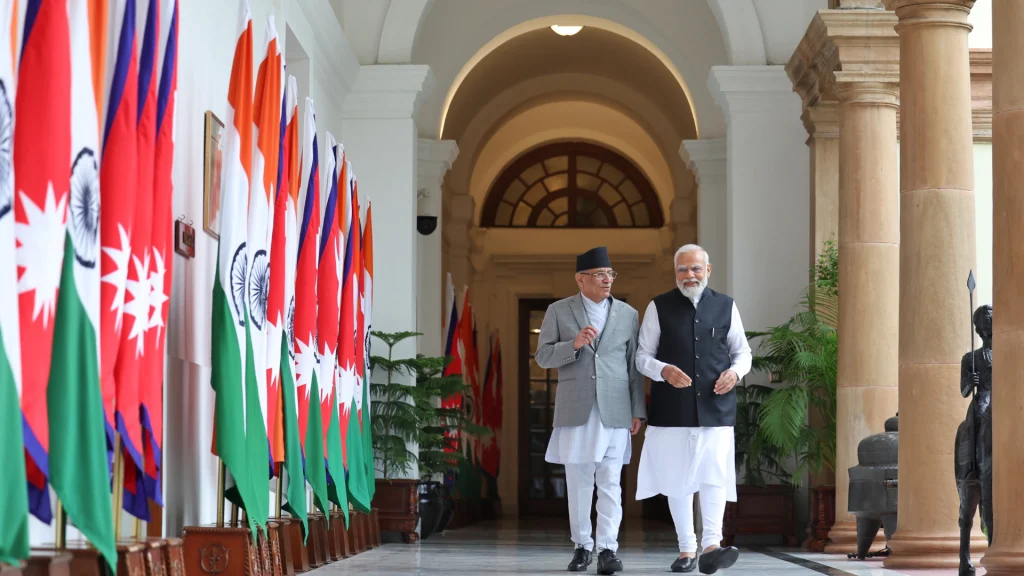 Prime Minister Narendra Modi With His Nepal Counterpart Pushpa Kamal Dahal Before Their Meeting At The Hyderabad House In New Delhi (PHOTO: PTI)
