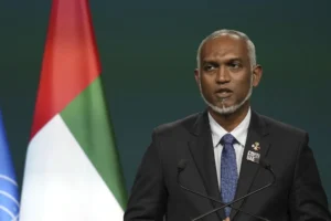 Maldives President Mohamed Muizzu speaks during a plenary session at the COP28 U.N. Climate Summit, Dec. 1, 2023, in Dubai, United Arab Emirates.