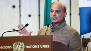Pakistan's Prime Minister Shehbaz Sharif speaks at a news conference, during a summit on climate resilience in Pakistan, months after deadly floods in the country, at the United Nations, in Geneva, Switzerland, January 9, 2023. REUTERS/Denis Balibouse/File Photo