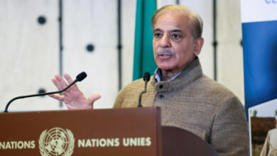 Pakistan's Prime Minister Shehbaz Sharif speaks at a news conference, during a summit on climate resilience in Pakistan, months after deadly floods in the country, at the United Nations, in Geneva, Switzerland, January 9, 2023. REUTERS/Denis Balibouse/File Photo