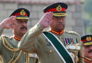 Pakistan's General Pervez Musharraf salutes during the playing of Pakistan's national anthem at the Joint Staff Headquarters in Rawalpindi November 27, 2007. REUTERS/Mian Khursheed