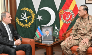 Azerbaijan’s Foreign Minister Jeyhun Bayramov meets with Chief of Army Staff General Asim Munir on May 31, 2024 at General Headquarters, Rawalpindi. — Photo via Inter-Services Public Relations