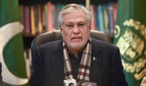Foreign Minister Ishaq Dar speaking at a press conference on Wednesday.
