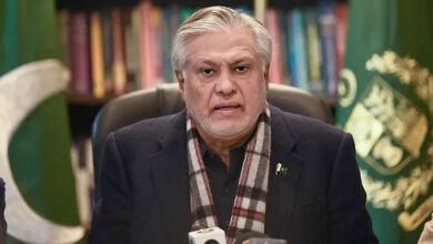 Foreign Minister Ishaq Dar speaking at a press conference on Wednesday.