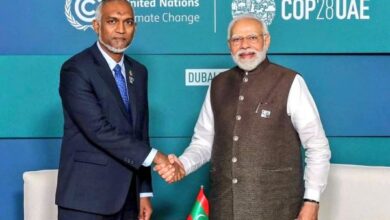 Maldivian President Mohamed Muizzu (left) with Indian Prime Minister Narendra Modi (right) during their first meeting in UAE.
