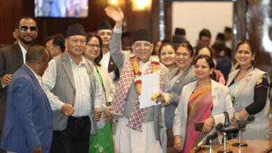 Prime Minister Pushpa Kamal Dahal pictured amid lawmakers after winning the vote of confidence on Monday. RSS