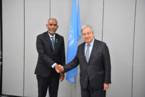 President Dr. Mohamed Muizzu met with António Guterres, the Secretary-General of the United Nations (UN), in Antigua and Barbuda on Monday