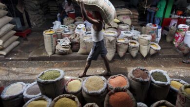 FILE PHOTO: A labourer carries a sack filled with pulses at a wholesale pulses market in Kolkata, India, July 31, 2015. REUTERS/Rupak De Chowdhuri/File photo