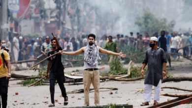 Protesters clash with guards and police as violence erupts across Bangladesh after anti-quota protests by students in Dhaka. Photograph: Mohammad Ponir Hossain/Reuters