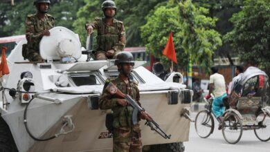 Bangladeshi soldiers patrol in the Arambagh area after the government relaxed curfew measures, Dhaka, July 25, 2024. [Md. Hasan/BenarNews]
