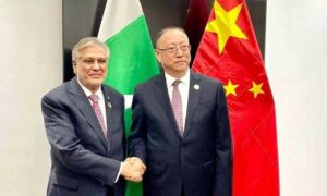 Deputy PM Ishaq Dar meets Vice Chairman of the Standing Committee of the National People’s Congress of China Zheng Jianbang on the sidelines of the OIC Summit in Banjul, the Gambia on May 5. — Foreign Office