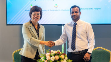 Infrastructure Minister Dr. Abdulla Muthalib (R) and Chinese Ambassador Wang Lixin (L) sign a letter of exchange on a feasibility study for the development of a hospital in Vilimale' on May 22, 2024. (Sun Photo/Moosa Nadheem)