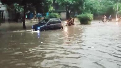 An image of a lane flooded by rainwater in Lahore on August 1, 2024.