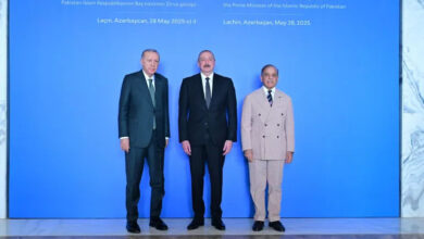 Pakistani Prime Minister Shehbaz Sharif, right, with Turkish President Recep Tayyip Erdogan, left, and President Ilham Aliyev of Azerbaijan in Lachin, Azerbaijan, on May 28, 2025 [Handout/Pakistan Prime Minister's Office]