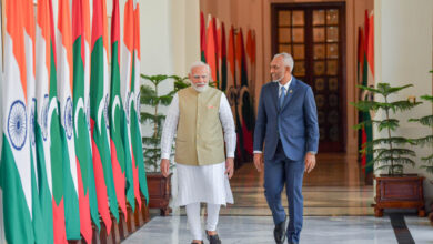 Maldivian President Dr. Mohamed Muizzu (R) and Indian Prime Minister Narendra Modi (L) meet at the Hyderabad House in New Delhi, India, on October 7, 2024. (Photo/President's Office)
