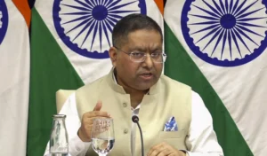 New Delhi: MEA Spokesperson Randhir Jaiswal addresses a press conference, in Delhi, Thursday, April 17, 2025. (PTI Photo)