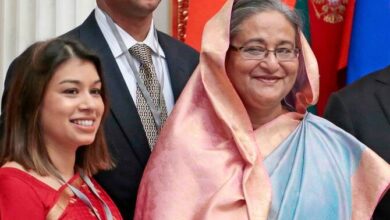 Tulip Siddiq stands beside Bangladesh Prime Minister Sheikh Hasina in the Kremlin in Moscow, Russia. (AP)