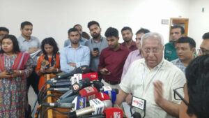 EC Senior Secretary Akhtar Ahmed speaks to reporters at the Nirbachan Bhaban on 14 August 2025. Photo: TBS