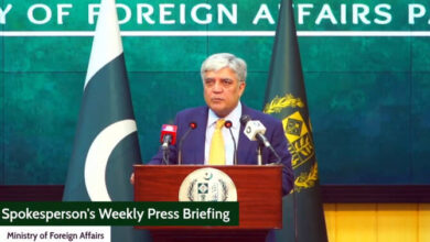 The screengrab taken from the press conference of Pakistan’s Ministry of Foreign Affairs shows the foreign office’s spokesperson Shafqat Ali Khan addressing the weekly media briefing in Islamabad on August 1, 2025. (MOFA)