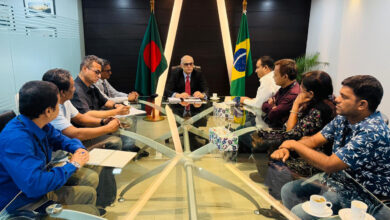 Brazilian Ambassador Paulo Fernando Diaz Perez is exchanging views with SACCJF leaders. Tuesday at the Brazil Embassy in Dhaka. Photo: South Asian Correspondent.