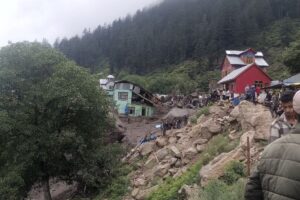Buildings damaged in flash floods in the Chasoti town of Kishtwar district, a stopover point on a popular pilgrimage route. Photo: AP