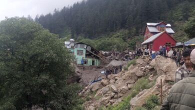 Buildings damaged in flash floods in the Chasoti town of Kishtwar district, a stopover point on a popular pilgrimage route. Photo: AP