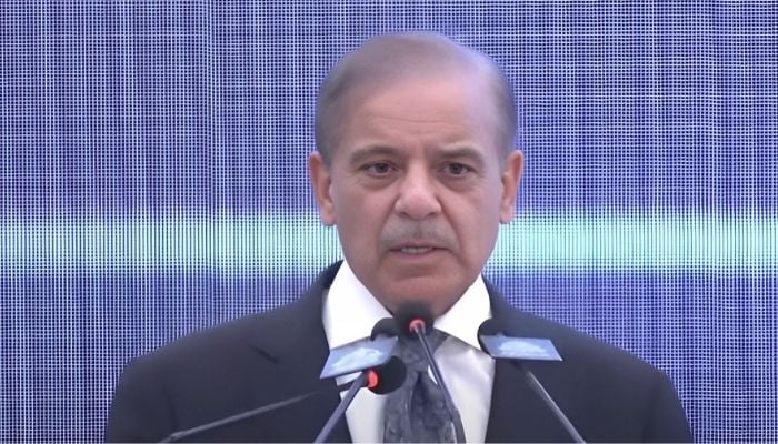 Prime Minister Shehbaz Sharif addresses a ceremony in Islamabad, September 12, 2025. — Screengrab via YouTube/Geo News
