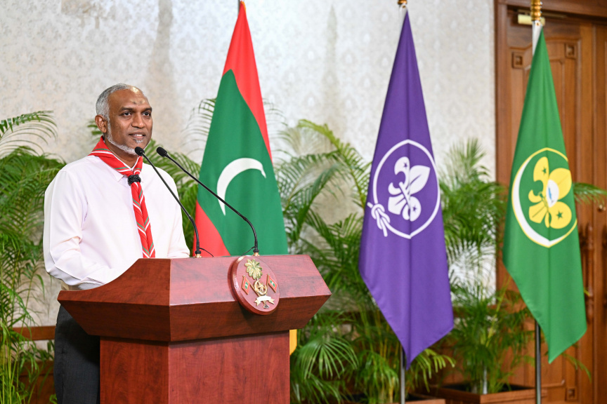 President Dr. Mohamed Muizzu speaks at ceremony commeorating National Scout Day: Education Minister Dr. Ismail Shafeeu states scouts will be arranged office space within next week. (Photo/President's Office)