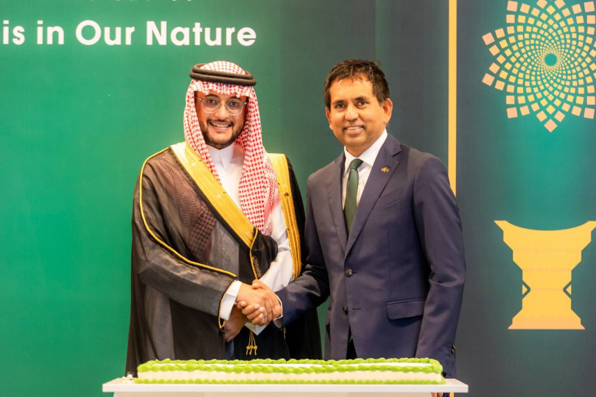 Saudi Ambassador Yahya Hassan Al-Qahtani and Maldivian Economic Minister Mohamed Saeed attend a reception to mark Saudi Arabia's 95th National Day on September 23, 2025. (Sun Photo/Moosa Nadheem)