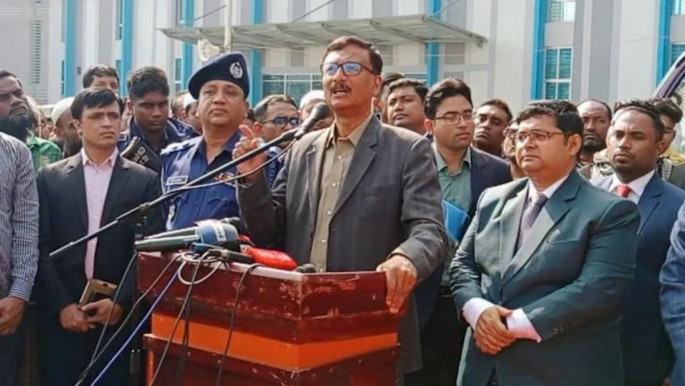 Foreign Affairs Adviser Touhid Hossain speaking at a voting vehicle programme at Bhola Government School ground as the chief guest on 27 December 2025. Photo: BSS